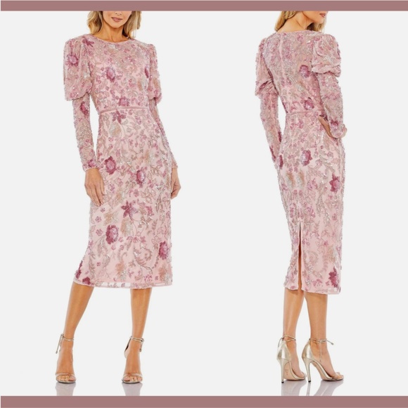 NWT‎ $498 Mac Duggal [ 12 ] Sequined Puff Sleeve High Neck Dress Rose Pink - Picture 2 of 16